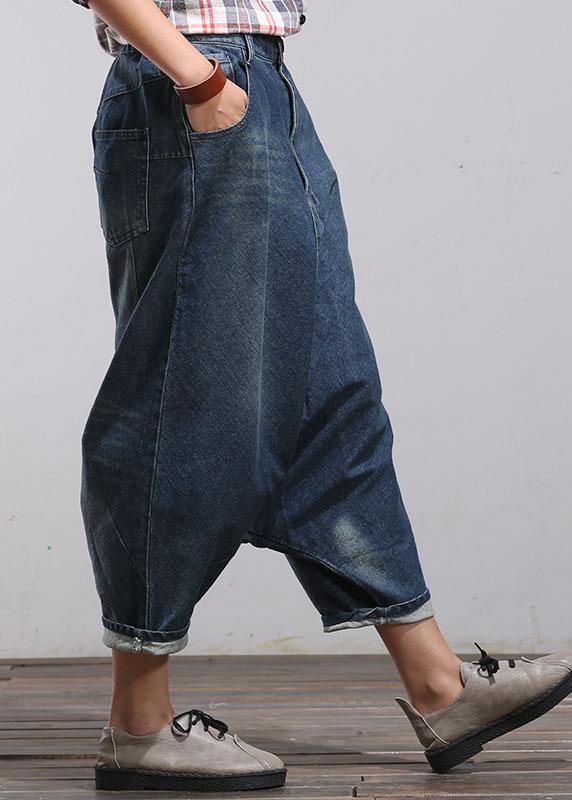 Modern Blue Casual Pockets Wrinkled Fall Harem Denim Pants