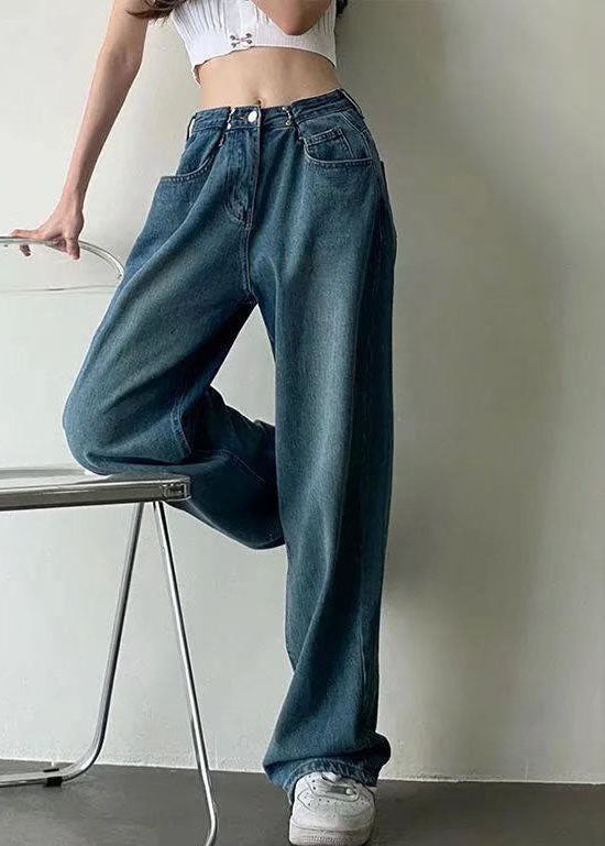 Modern Blue High Waist Draping Pockets Cotton Denim Wide Leg Pants Summer