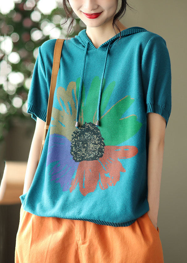 Modern Blue Hooded Original Print Knit Tank Tops Short Sleeve