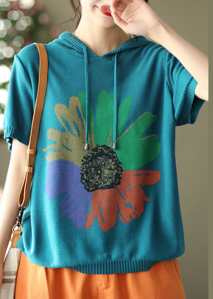 Modern Blue Hooded Original Print Knit Tank Tops Short Sleeve