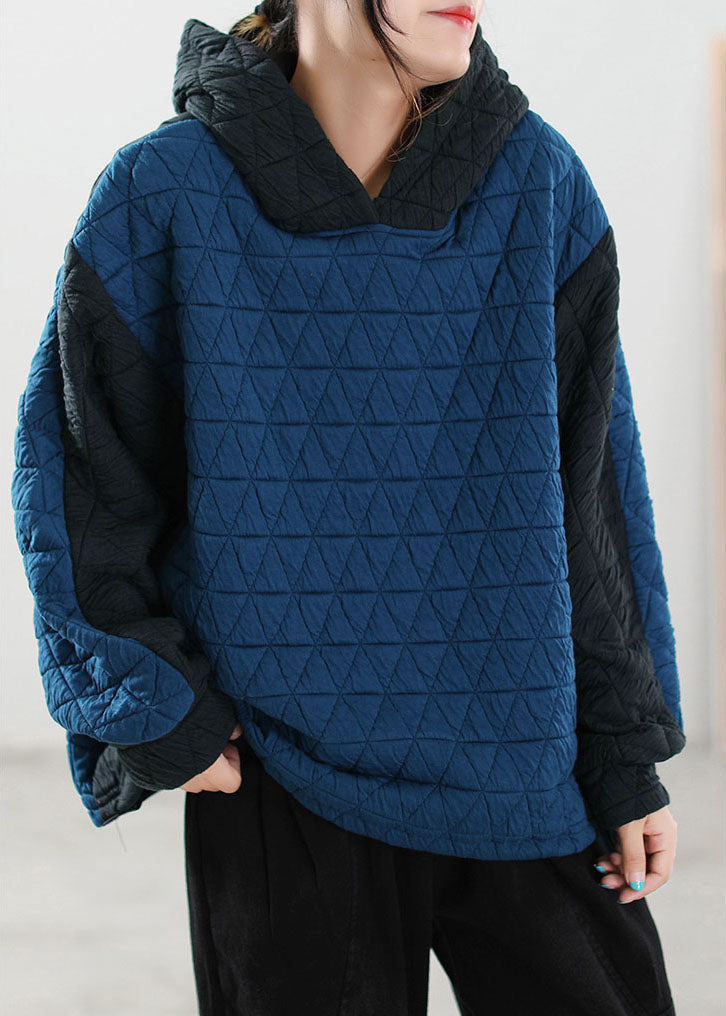 Modern Blue Hooded Patchwork Fine Cotton Filled Sweatshirt Winter