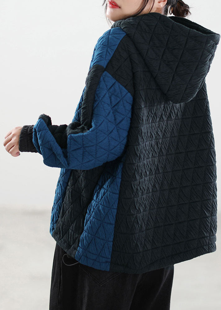 Modern Blue Hooded Patchwork Fine Cotton Filled Sweatshirt Winter