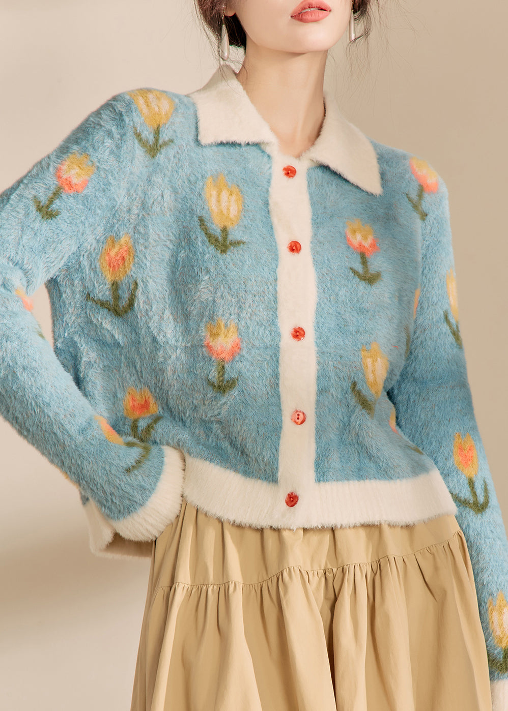 Modern Blue Peter Pan Collar Print Cotton Knit Cardigan Spring