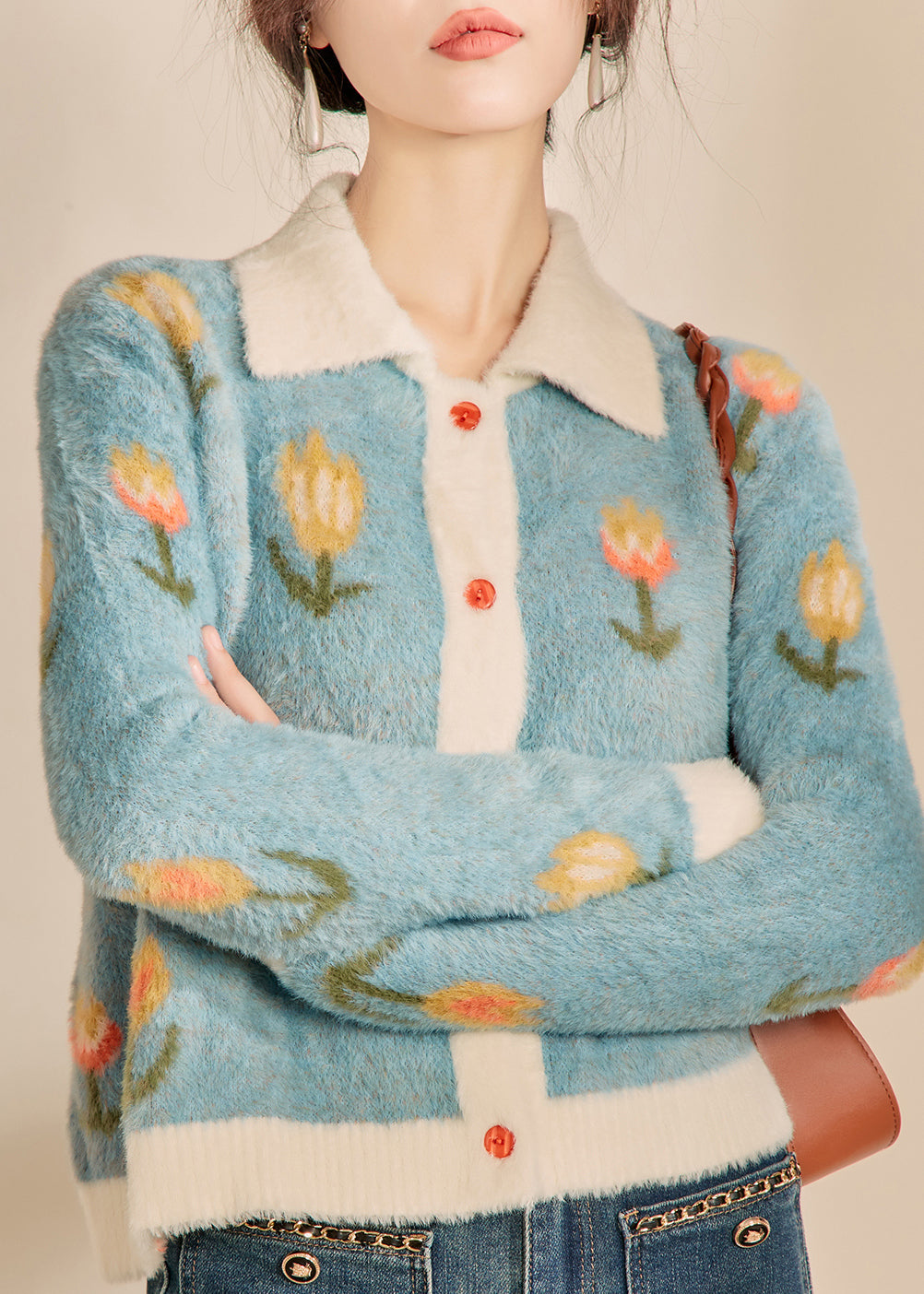 Modern Blue Peter Pan Collar Print Cotton Knit Cardigan Spring