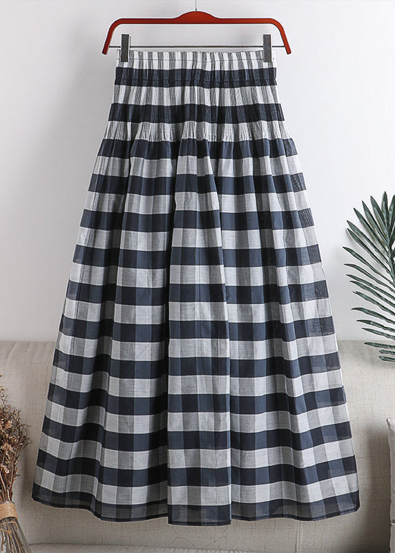 Modern Blue Plaid Wrinkled Elastic Waist Chiffon Skirts Fall