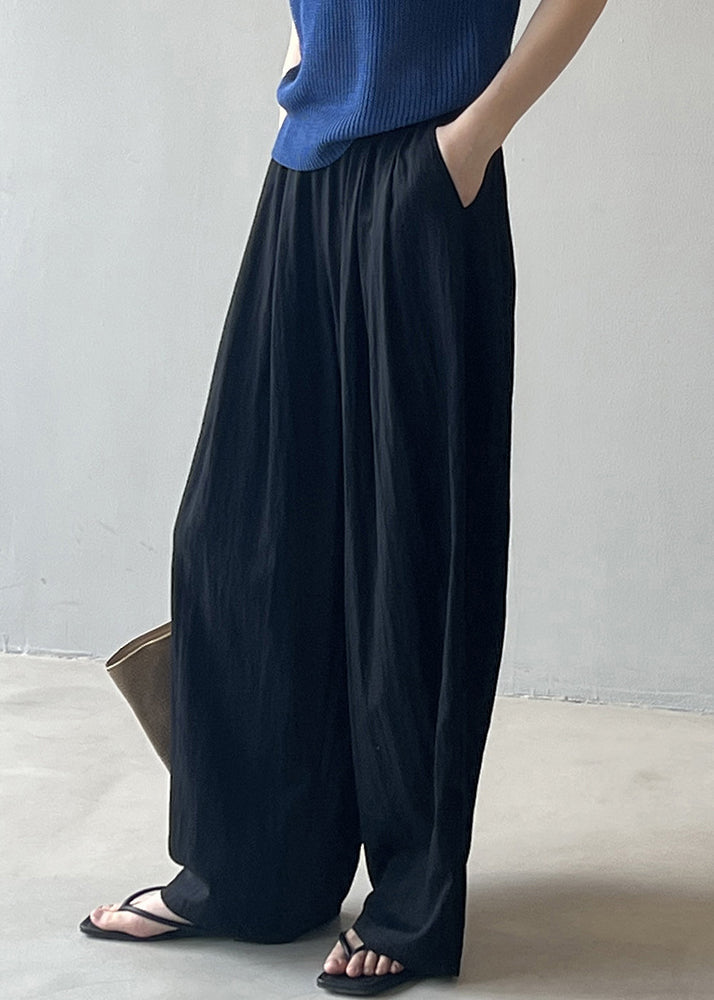 Modern Blue Pockets Elastic Waist Cotton Straight Pants Fall