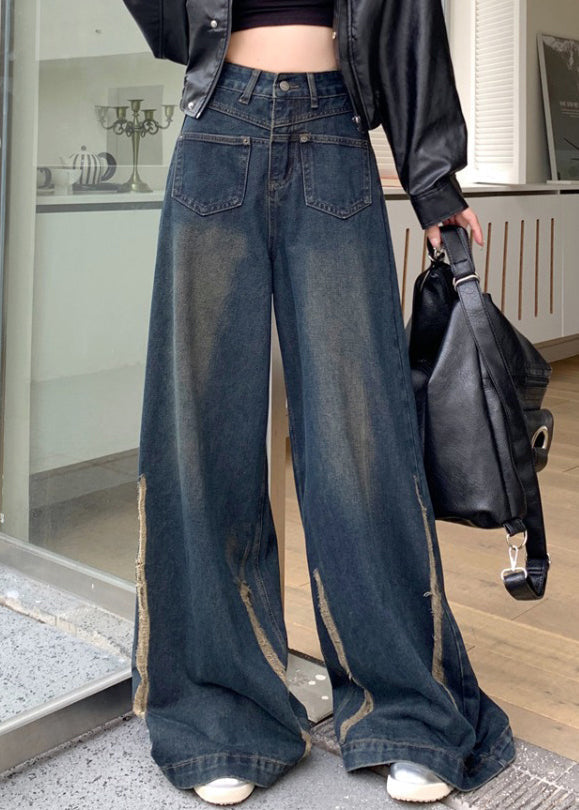 Modern Blue Pockets High Waist Denim Wide Leg Pants Fall