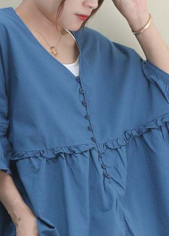 Modern Blue V Neck Ruffled Wrinkled Patchwork Fall Shirt Half Sleeve