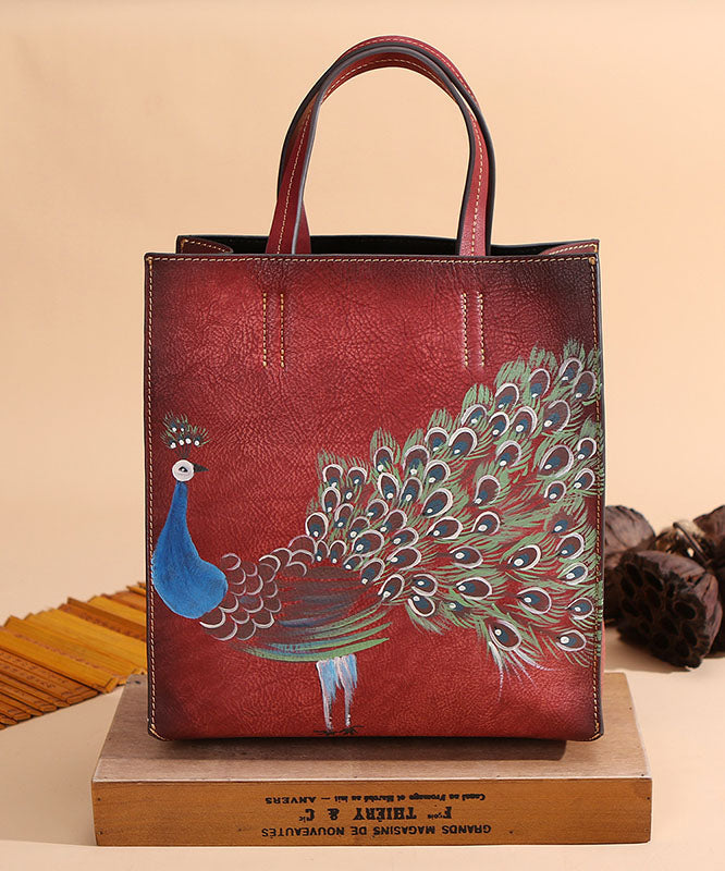 Modern Brown Peacock Print Calf Leather Tote Handbag