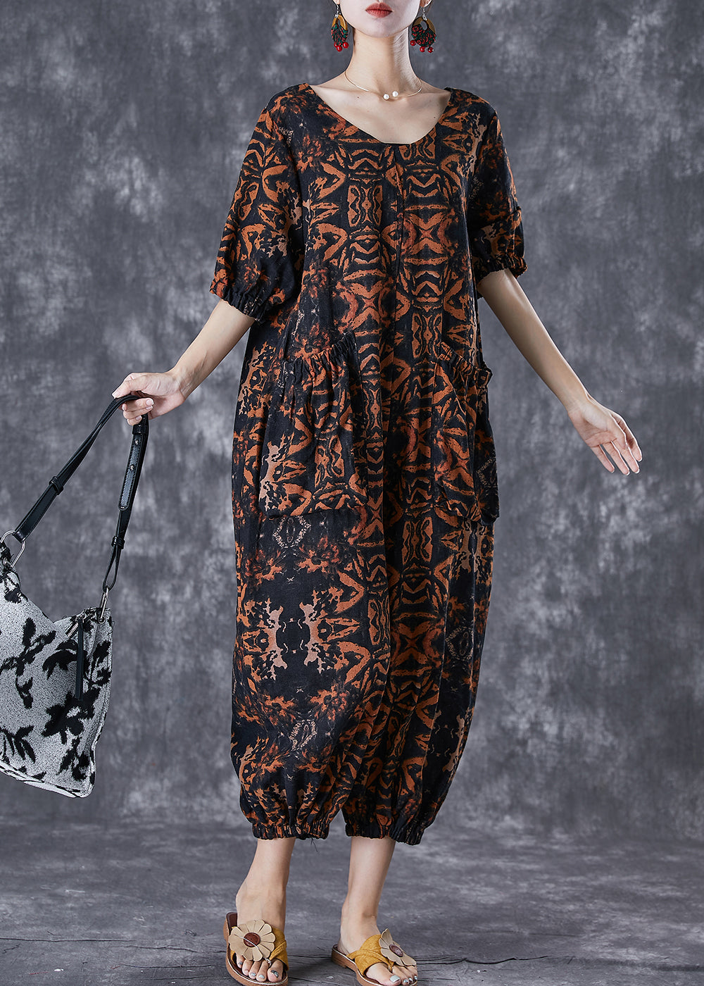 Modern Brown Print Oversized Pockets Linen Jumpsuits Summer