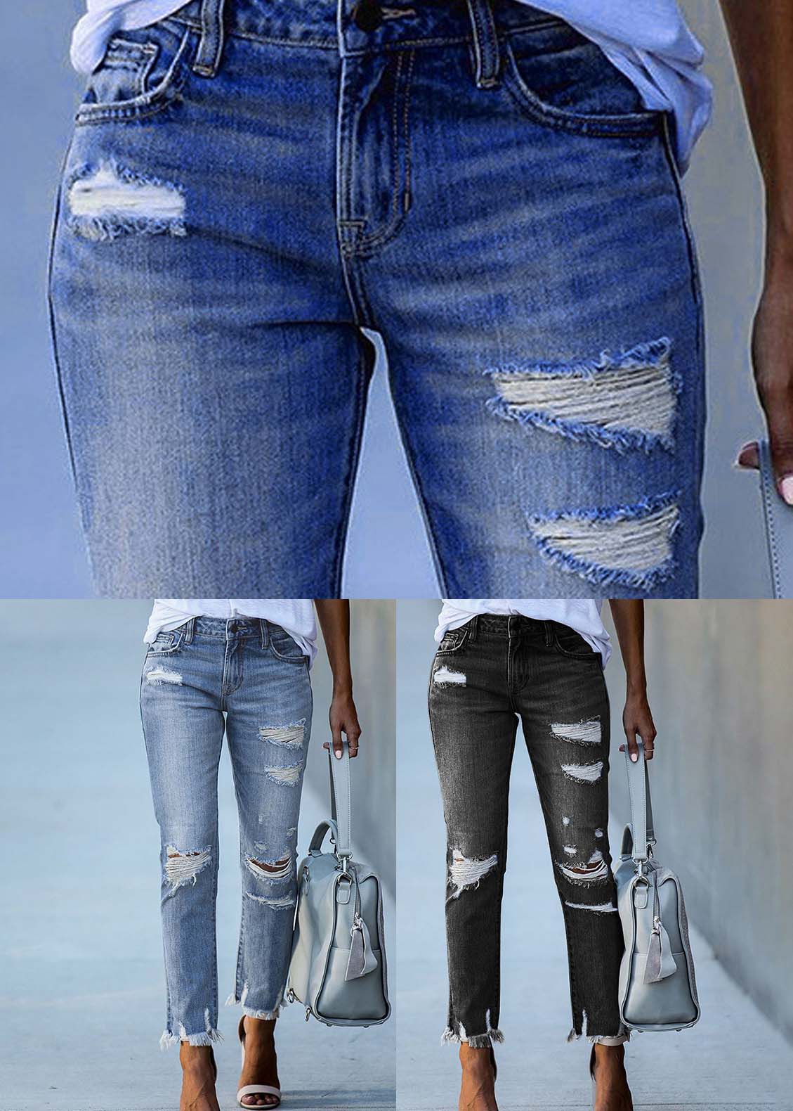 Modern Dark Blue Slim Fit Tassel Denim Pants Summer