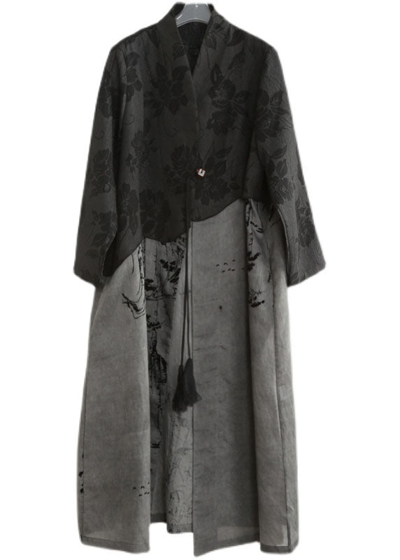 Modern Dark Grey Pockets Patchwork 2025 Cotton Trench Coat Spring