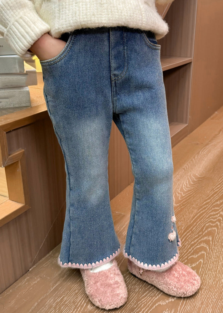 Modern Denim Blue Love Pockets Warm Fleece Girls Crop Flared Pants Spring