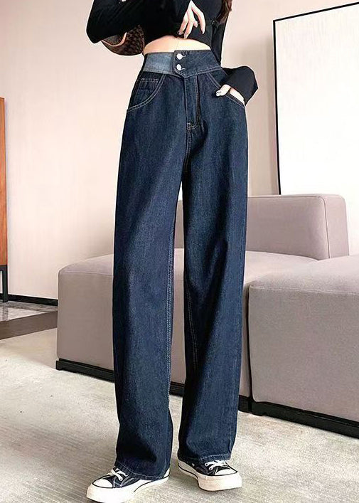 Modern Denim Blue Pockets High Waist Pants Fall