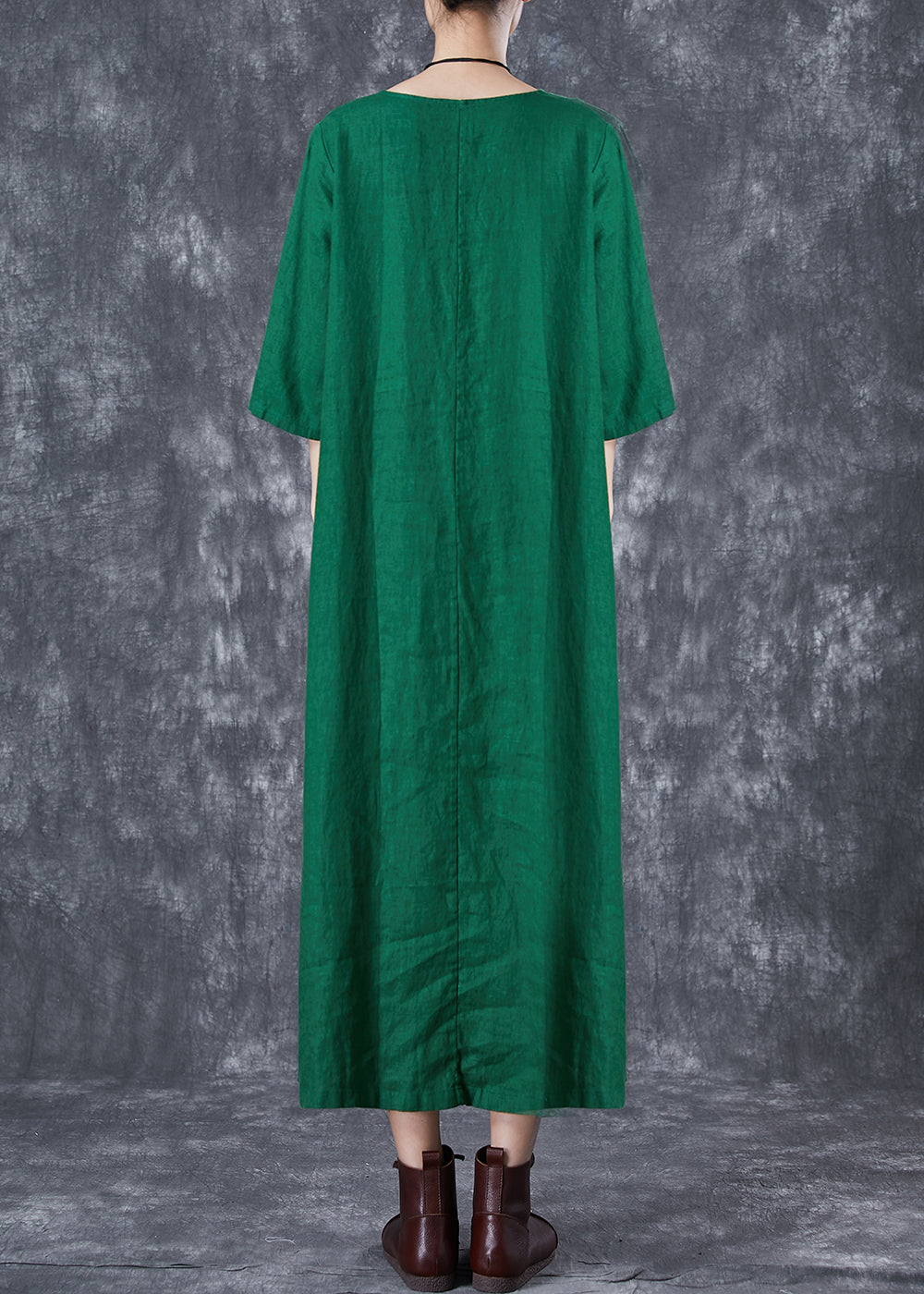 Modern Green O-Neck Chinese Button Linen A Line Dress Summer