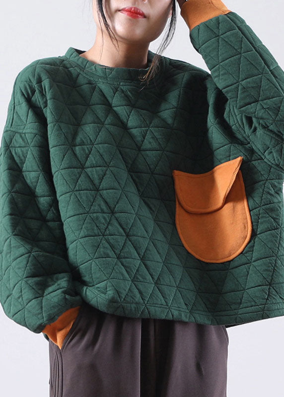 Modern Green O-Neck Pockets Fall Thick Sweatshirts Top