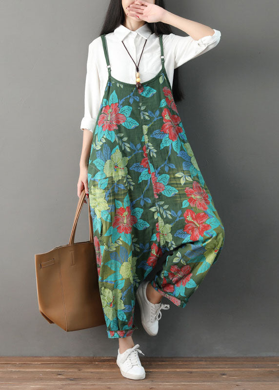 Modern Green Pockets Print Cotton Carpenter Pants Summer