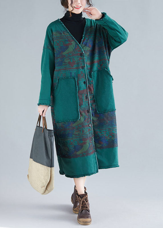 Modern Green V Neck Patchwork Warm Fleece Loose Cardigans Winter