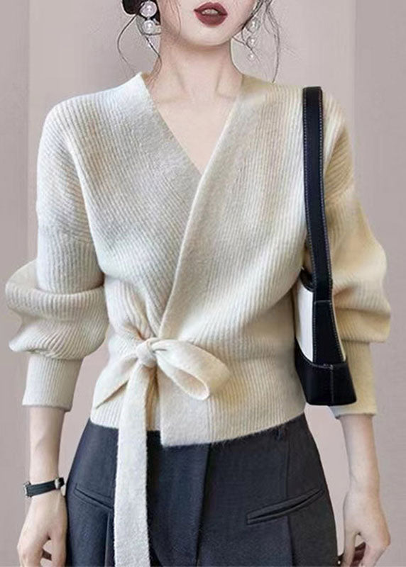 Modern Green V Neck Tie Waist Wool Knit Cardigan Spring