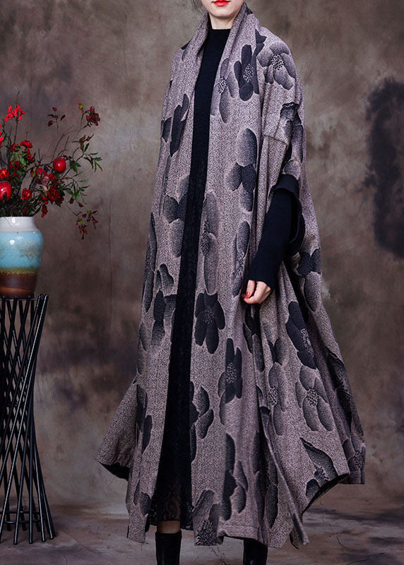 Modern Grey Asymmetrical Print Woolen Coat Winter