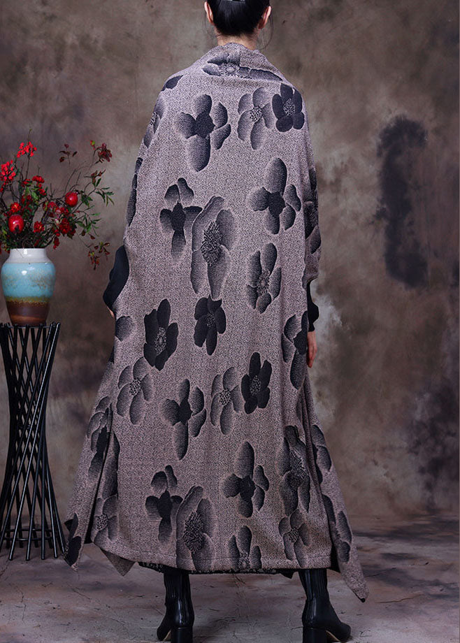 Modern Grey Asymmetrical Print Woolen Coat Winter