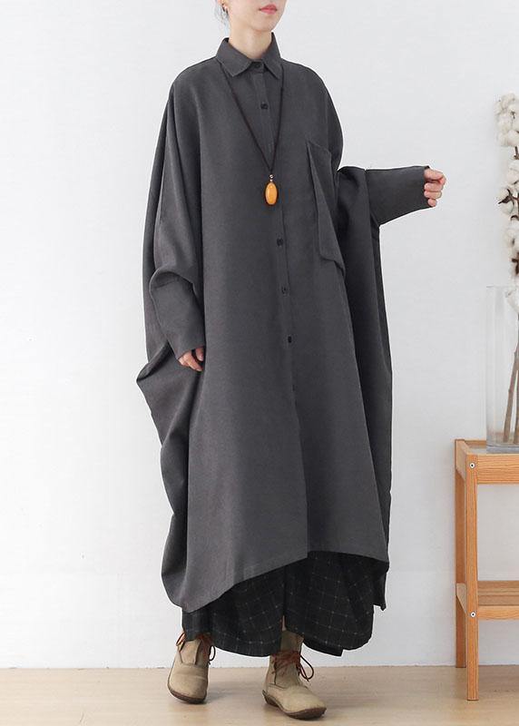 Modern Grey Loose Pockets Fall Asymmetrical Design Coat Long Sleeve