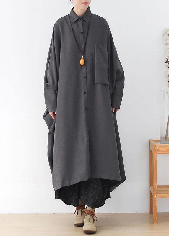 Modern Grey Loose Pockets Fall Asymmetrical Design Coat Long Sleeve