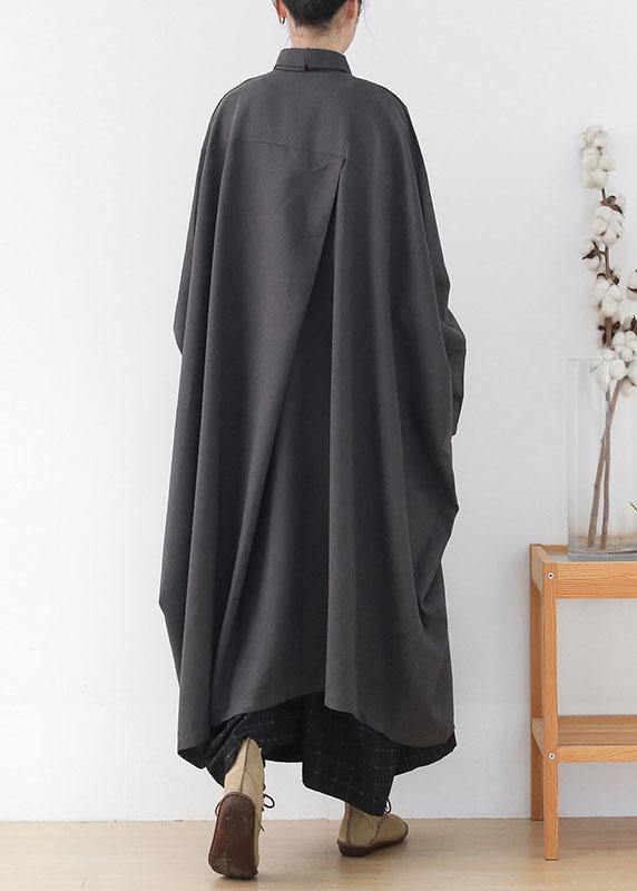 Modern Grey Loose Pockets Fall Asymmetrical Design Coat Long Sleeve