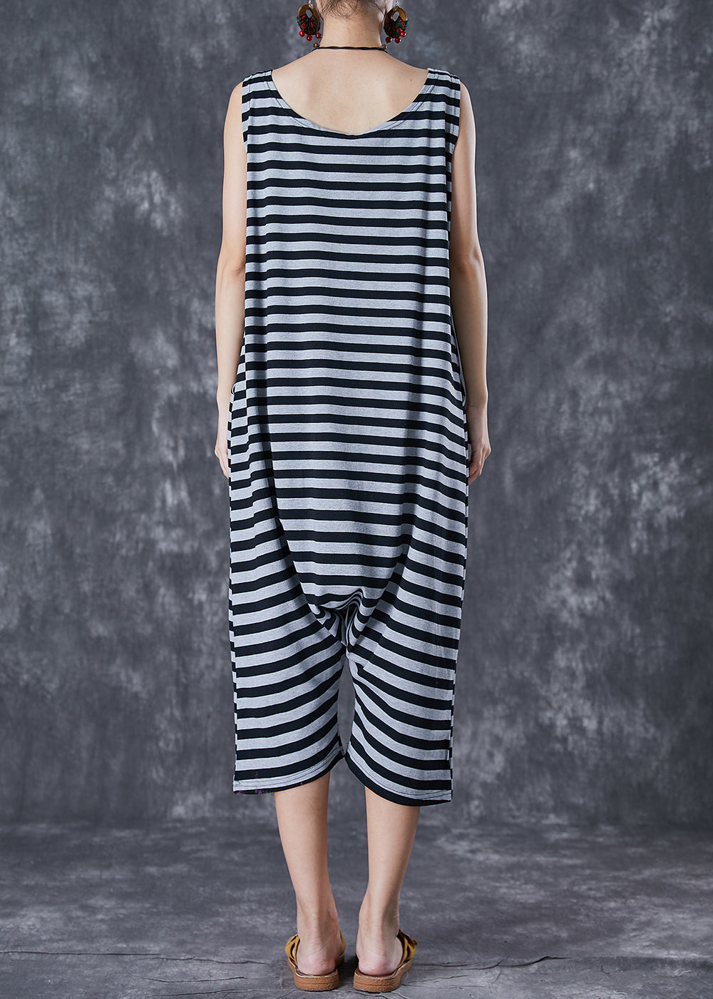 Modern Grey O-Neck Striped Cotton Overalls Jumpsuit Sleeveless