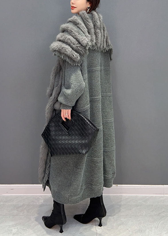 Modern Grey Oversized Patchwork Mink Hair Knitted Loose Cardigan Winter