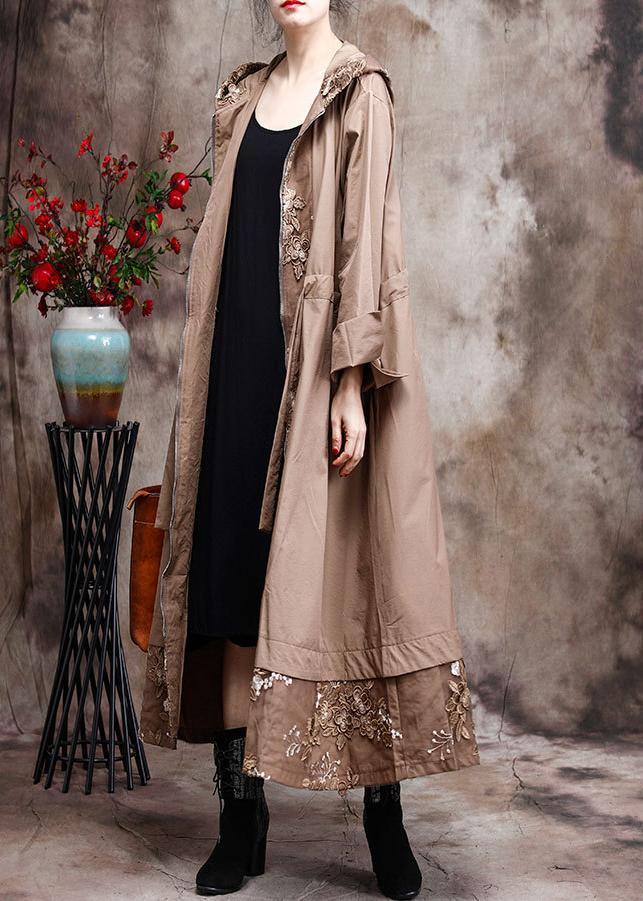 Modern Hooded Plus Size Coat For Woman Khaki Embroidery Trench Coat