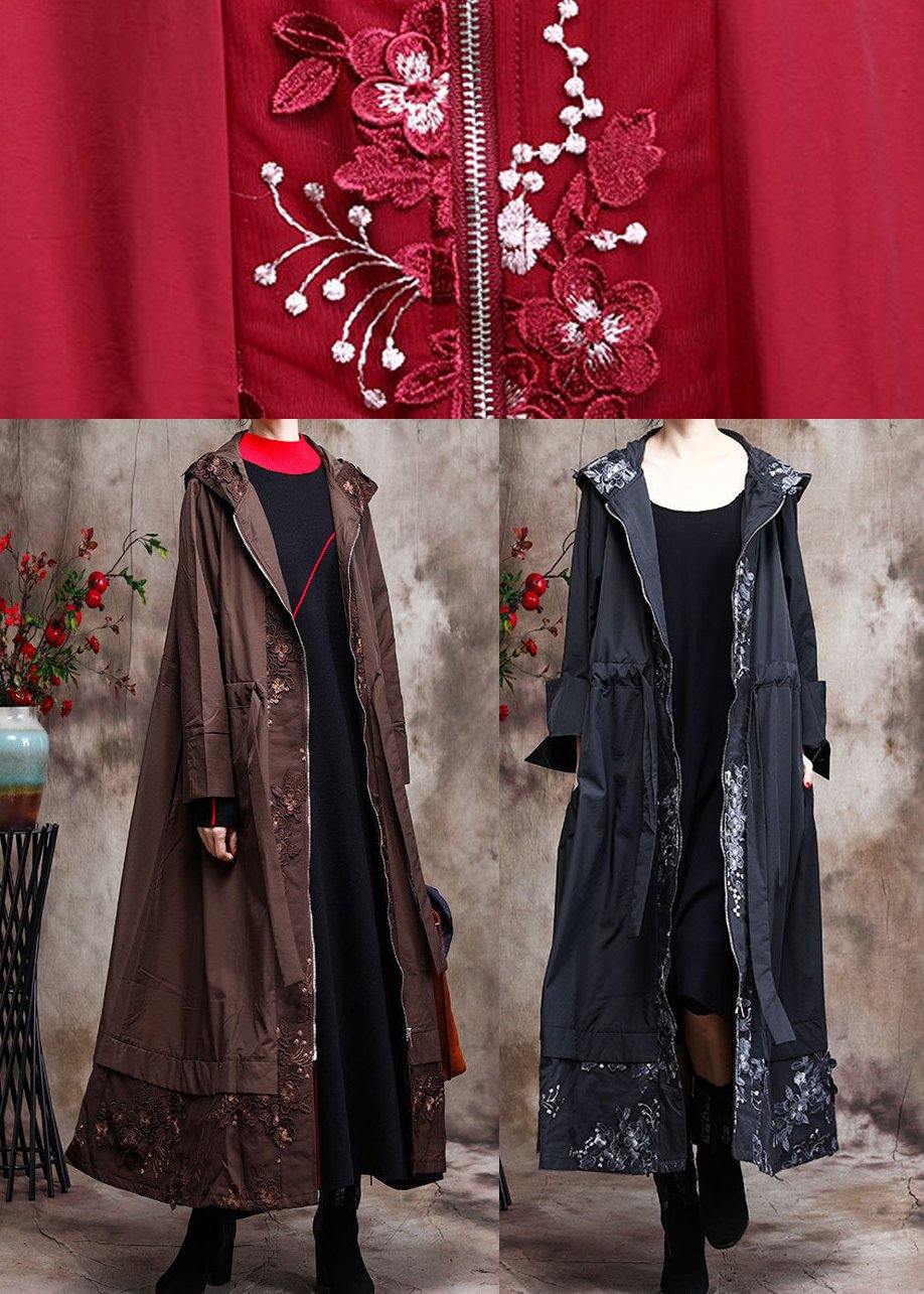 Modern Hooded Plus Size Coat For Woman Khaki Embroidery Trench Coat