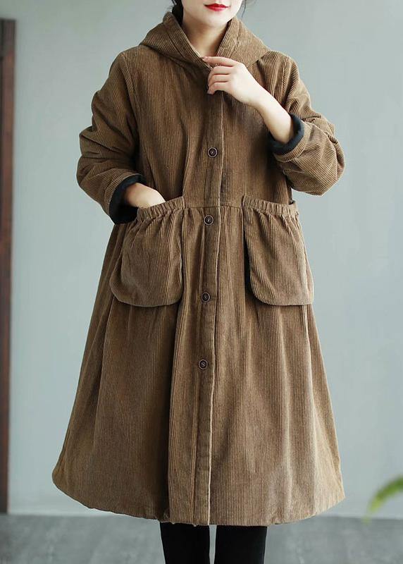 Modern Hooded Pockets Fashion Maxi Coat Khaki Daily Outwear