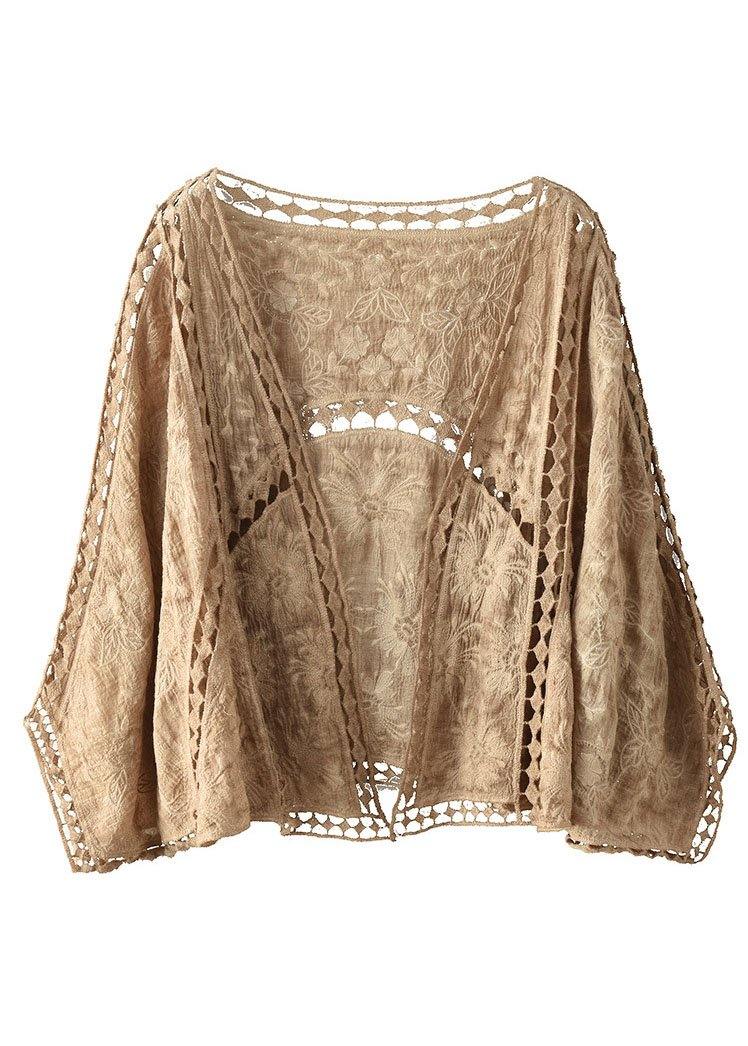 Modern Khaki Jacquard Hollow Out Cotton Short Cardigans