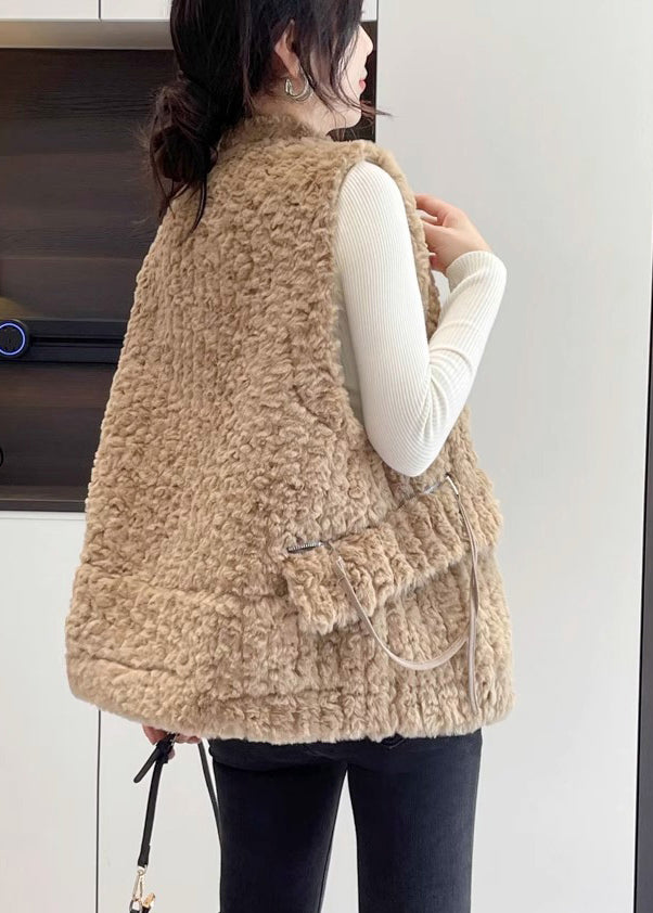 Modern Khaki Zip Up Warm Faux Fur Vests Winter