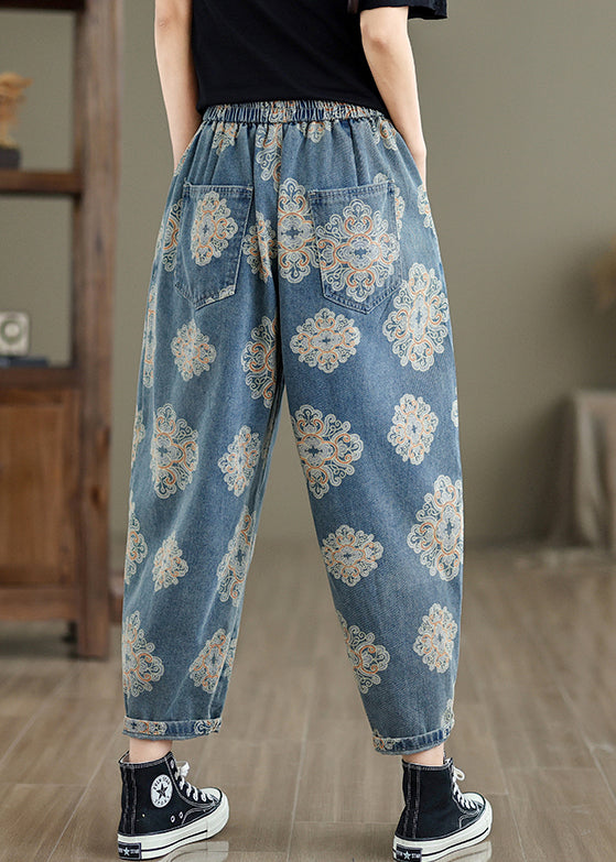 Modern Light Blue Oversized Print Denim Harem Pants Spring