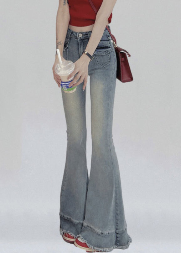 Modern Light Blue Pockets High Waist Denim Flare Bottoms Pants Summer