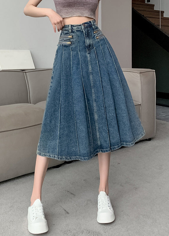 Modern Navy High Waist Zip Up Denim Pleated Skirt Summer