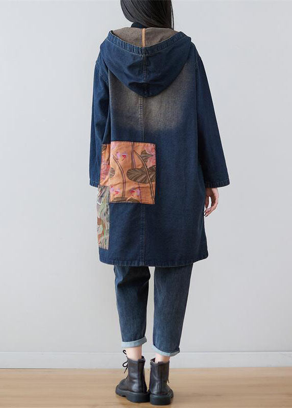 Modern Navy Hooded Patchwork Print Denim Coats Spring