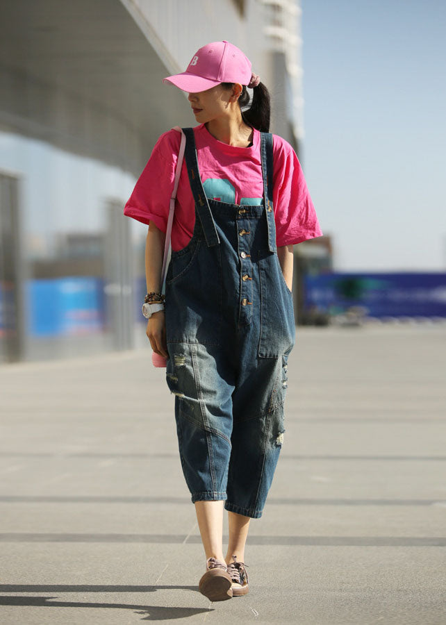 Modern Navy Oversized Patchwork Cotton Denim Jumpsuit Spring