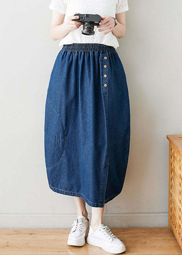 Modern Navy Wrinkled Pockets Elastic Waist Patchwork Denim Skirts Summer