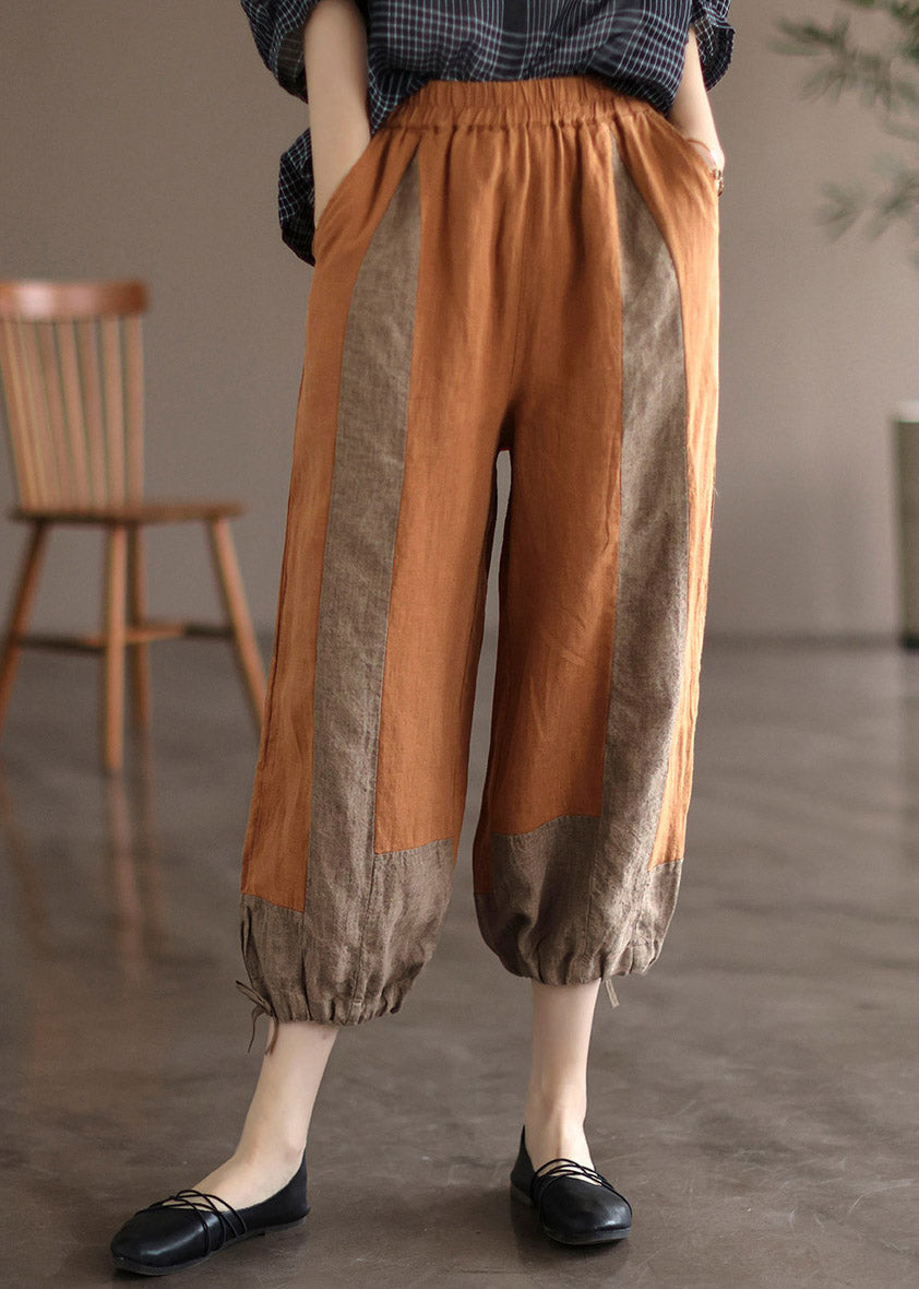 Modern Orange Pockets Patchwork Linen Lantern Pants Summer