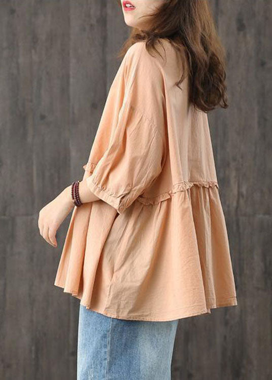 Modern Orange V Neck Button Patchwork Ruffled Fall Shirts Half Sleeve