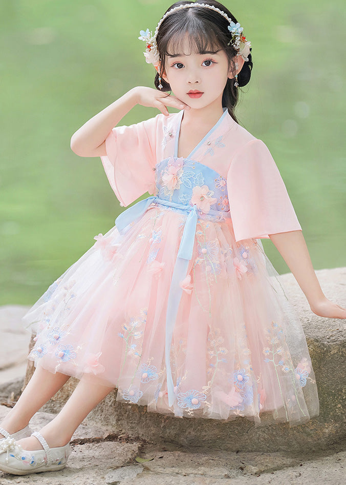 Modern Pink Patchwork Tie Waist Floral Tulle Girls Mid Dresses Short Sleeve