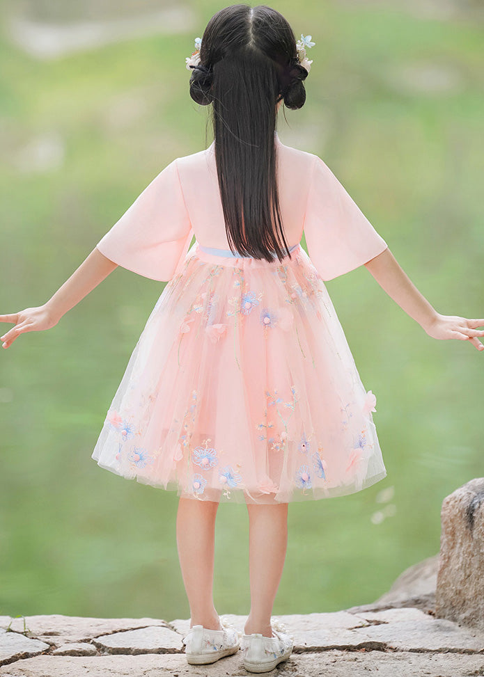 Modern Pink Patchwork Tie Waist Floral Tulle Girls Mid Dresses Short Sleeve