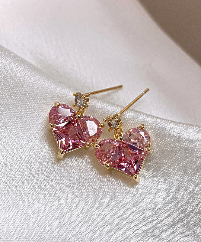 Modern Pink Sterling Silver Zircon Crystal Peach Heart Stud Earrings