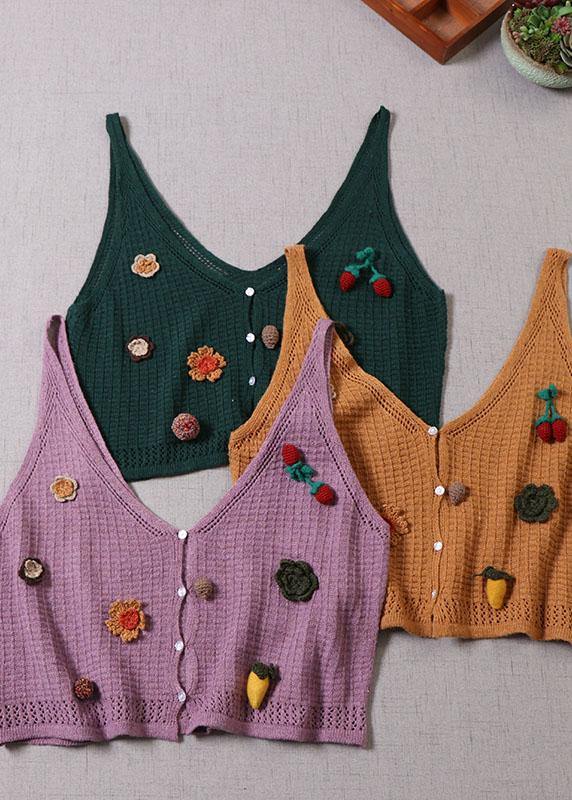 Modern Purple Cute Button Floral Fall Knit Vest