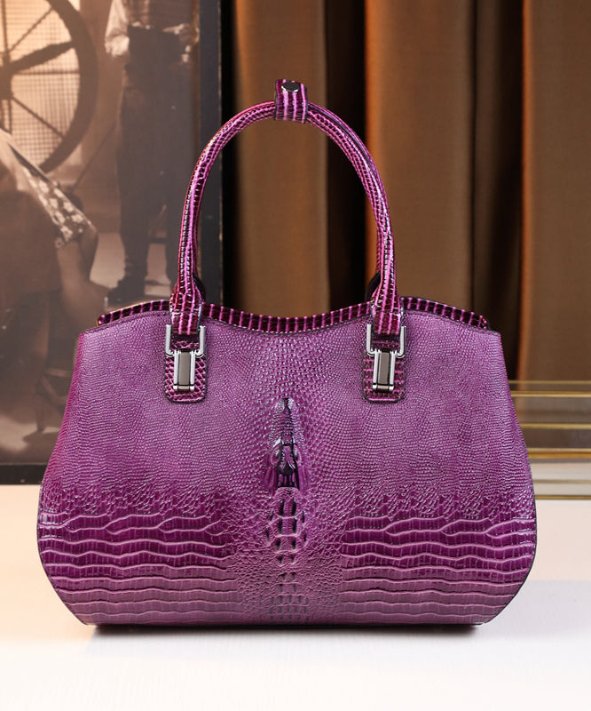 Modern Purple Large Capacity Calf Leather Tote Handbag