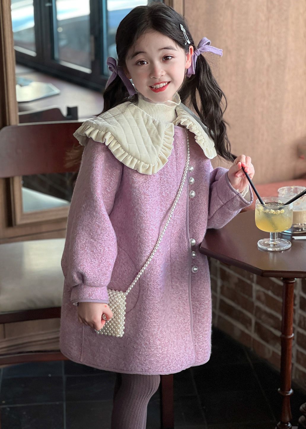 Modern Purple Peter Pan Collar Thick Woolen Kids Long Coat Spring