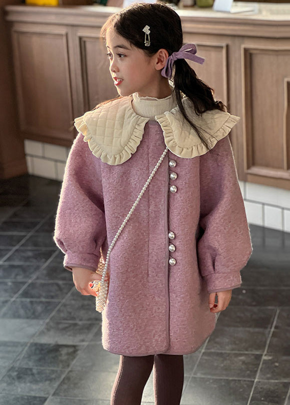 Modern Purple Peter Pan Collar Thick Woolen Kids Long Coat Spring